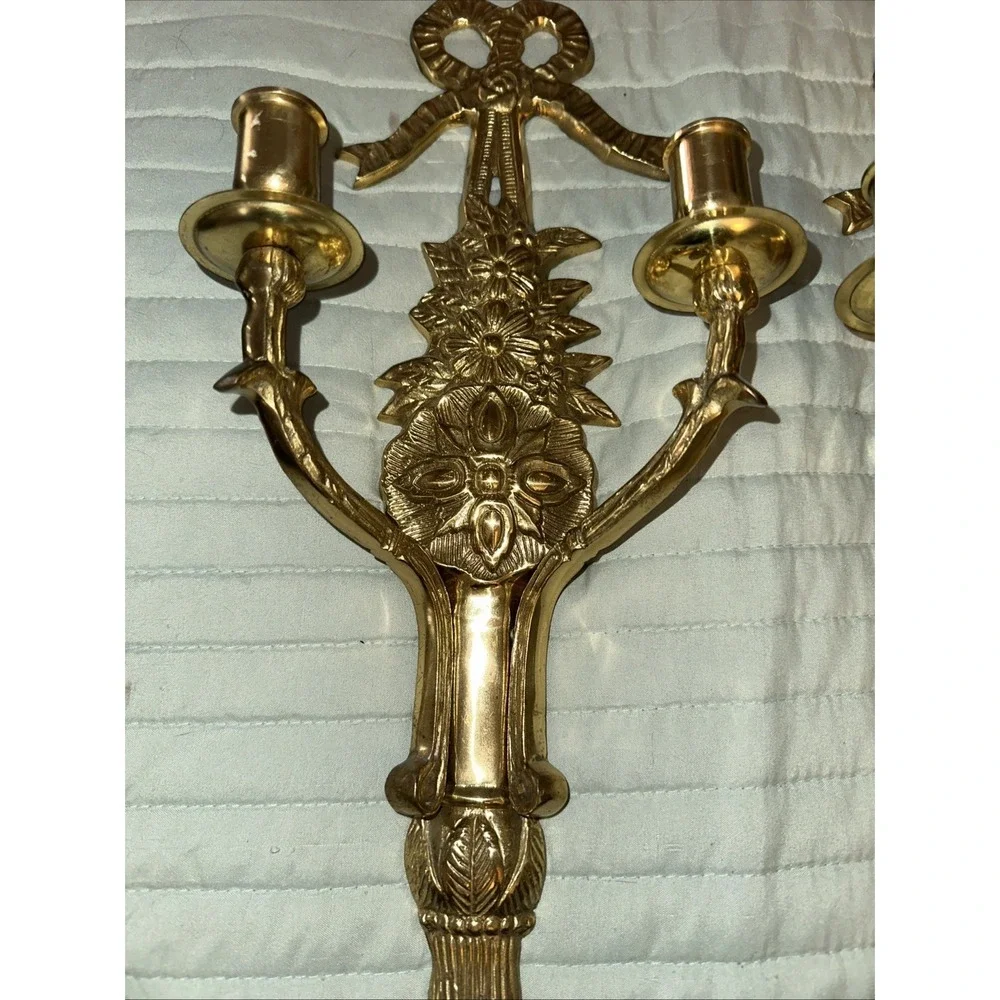 Brass Wall Sconces Pair Decorative Candle Holders with Floral and Bow Design
